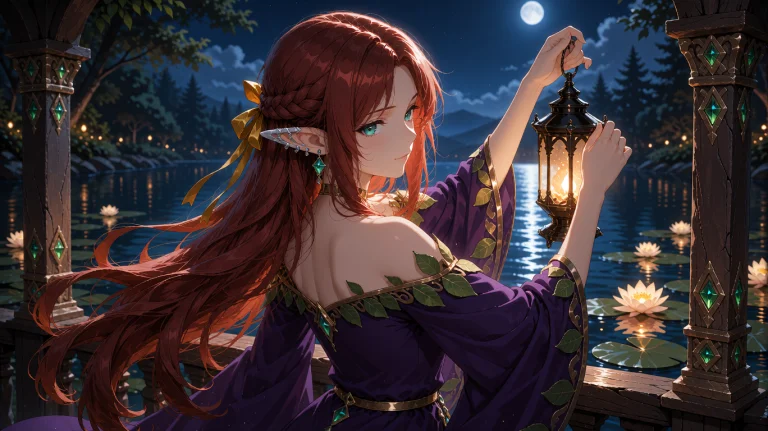 An Adult Witch With Rich Auburn Hair With Gold Ribbon Ties,...