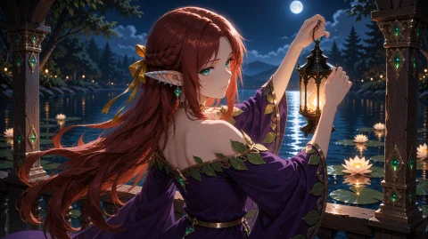 An Adult Witch With Rich Auburn Hair With Gold Ribbon Ties,... — Stable Diffusion AI Prompt: An adult witch with rich auburn hair with gold ribbon ties, soft teal eyes, huma...