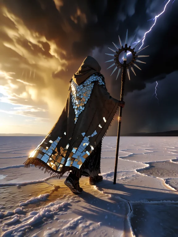 A Cloaked Wanderer Crosses A Vast Salt Flat Under A Sky Spli...