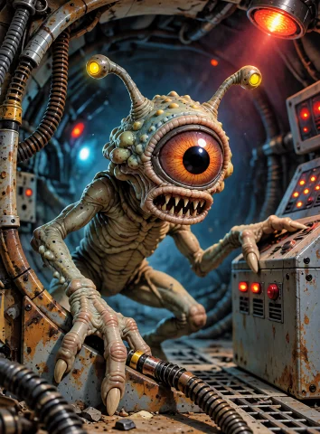 Lorakreaotherworlds1a Tiny Bug-eyed Alien Scavenger Hiding I... — Stable Diffusion AI Prompt: A tiny bug-eyed alien scavenger hiding in a rusted spaceship maintenance tunnel,...