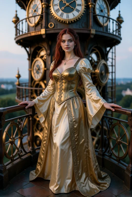 A Young Woman Stands On A Balcony Of A Clockwork Tower, Wear...
