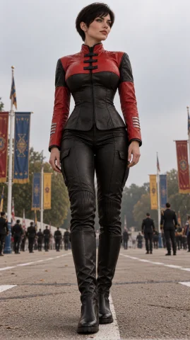 Pcmkrfml Woman, Full Length, Low Angle, Standing At Attentio... — Stable Diffusion AI Prompt: pcmkrfml woman, full length, low angle, standing at attention, neutral expressio...