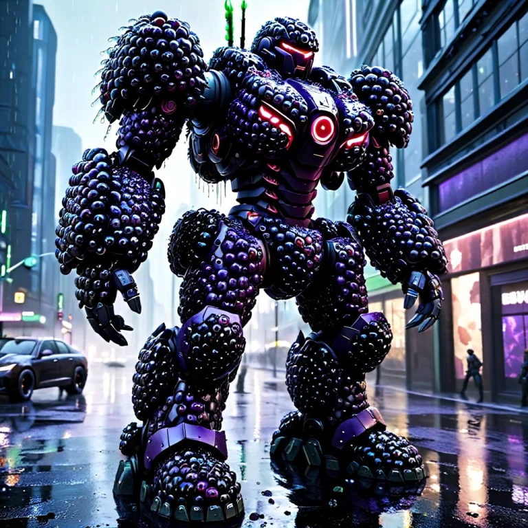 Blackberryworld, A Giant Combat Mech Standing In A Rainy Cyb...
