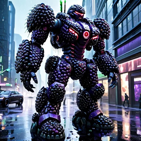Blackberryworld, A Giant Combat Mech Standing In A Rainy Cyb... — SDXL AI Prompt: blackberryworld, a giant combat mech standing in a rainy cyberpunk city, outer a...