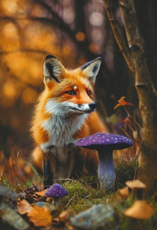 Bucolic Autumn, Fox Sniffing A Purple Spotted Mushroom, , Th...
