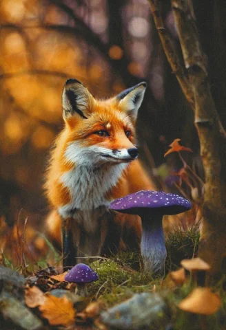 Bucolic Autumn, Fox Sniffing A Purple Spotted Mushroom, , Th... — SDXL AI Prompt: bucolic autumn, fox sniffing a purple spotted mushroom, , the scene is captured...