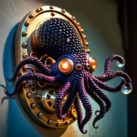 Steampunk Squid Pamtrophy Blackberryworld A Wall Mounted Ste... — SDXL AI Prompt: Steampunk Squid pamtrophy blackberryworld A wall mounted steampunk device of bla...