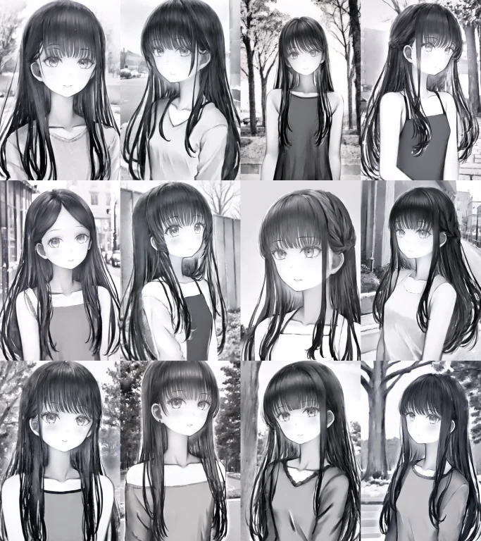 Loranlo-0000301, 1girl, Long Hair, Greyscale, Outdoors, Uppe...