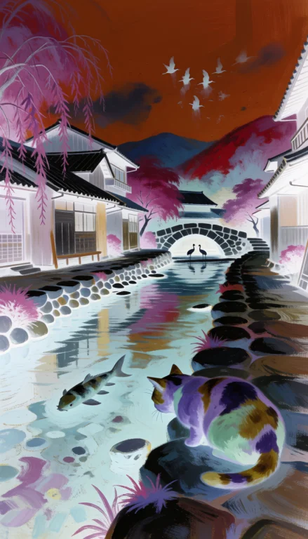 A Serene Japanese Village Scene In Negative  All Colors Inve...