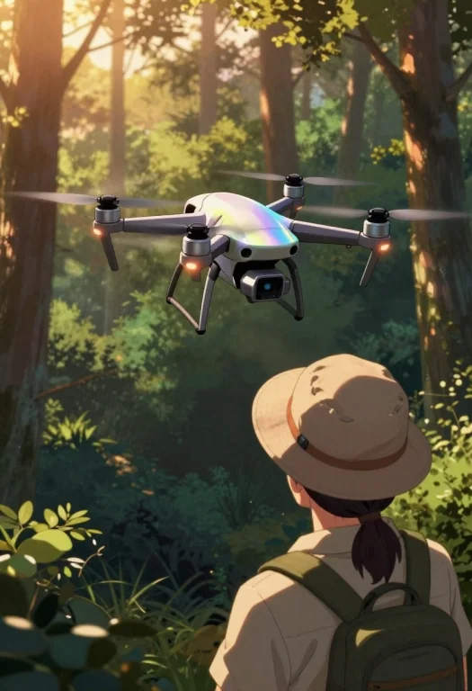 A Scout Drone Weaving Through A Dense Forest, Detailed Anime...
