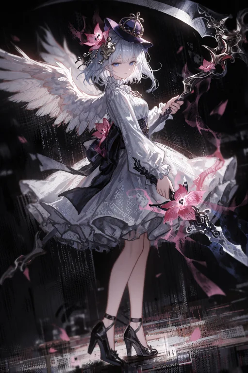1girl, Solo, Dress, White Dress, Wings, Blue Eyes, White Hai...