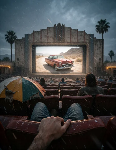 Create A Time-travel Documentary Photograph Of A 1950s Deser... — Stable Diffusion AI Prompt: Create a time-travel documentary photograph of a 1950s desert drive-in theater d...