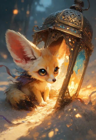 A Tiny Chibi Fennec Fox With Comically Oversized Ears Crouch... — Stable Diffusion AI Prompt: A tiny chibi fennec fox with comically oversized ears crouches inside an overtur...