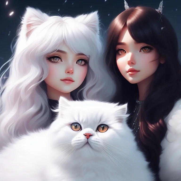Beautiful Girl With A Giant Fluffy White Persian Cat, Detail...