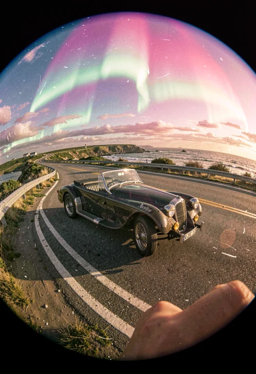 A Vintage Roadster Parked On A Coastal Highway, Impasto Text...