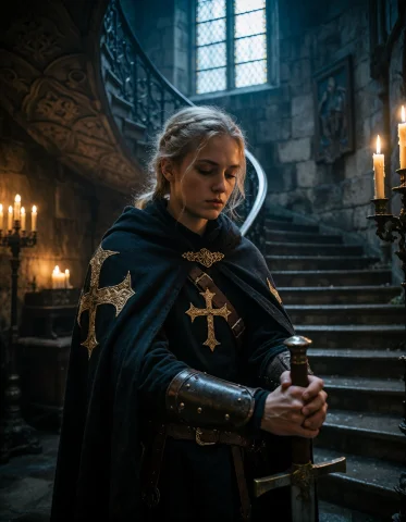 Create A Photorealistic Scene Centered On A Templar Sister C... — Stable Diffusion AI Prompt: Create a photorealistic scene centered on a templar sister clearly in her late t...