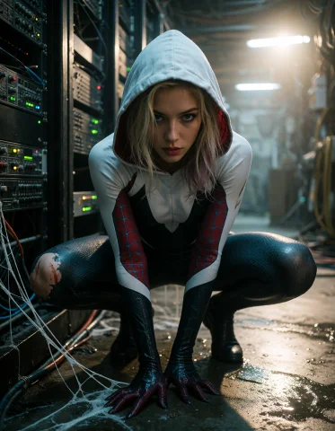 Create A Large-format Documentary Photograph Centered On An... — Stable Diffusion AI Prompt: Create a large-format documentary photograph centered on an adult Spider-Gwen cr...