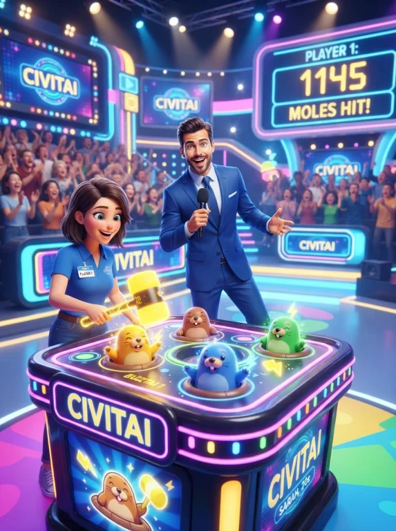Subject A Vibrant Game Show Set Titled Civitai, Featuring Mo...