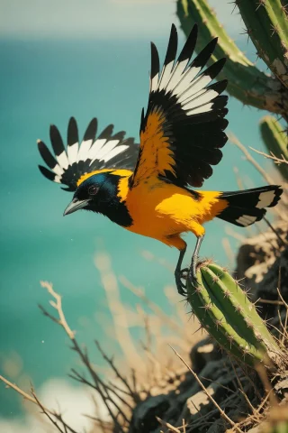 Nature, A Venezuelan Troupial Launching From A Cactus On A D... — Stable Diffusion AI Prompt: nature, A Venezuelan troupial launching from a cactus on a dry coastal slope, en...