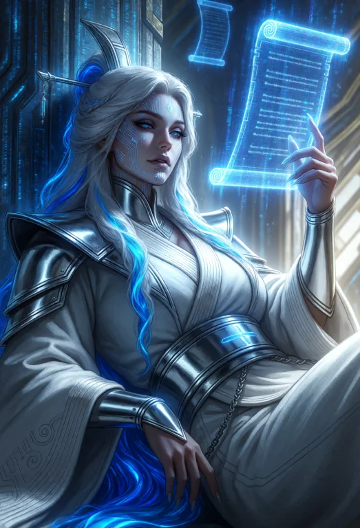 Cowboy Shot, Aspect Ratio 23, A Serene Oracle With Pale Skin...