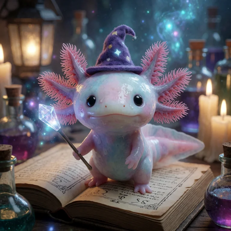 A Pastel Axolotl Mage Creature With Frilly Gills, Glossy Bla...