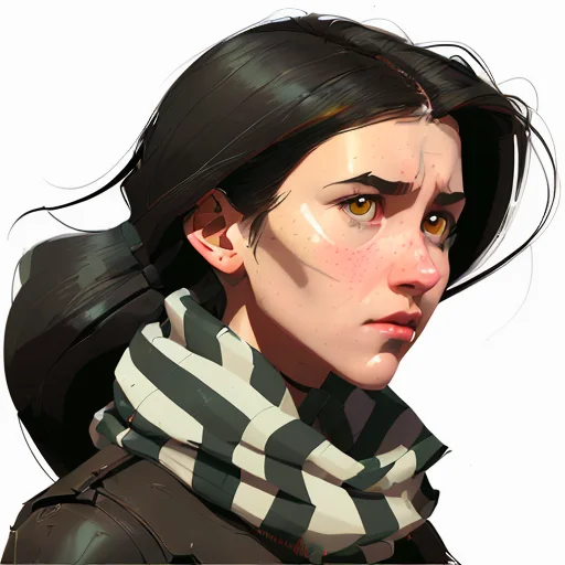 Long Black-haired White 17-year-old Girl With Striped Scarf,...