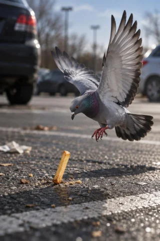 Replace Flower With French Fry And Replace Bird With Pigeon... — Stable Diffusion AI Prompt: Replace flower with French fry and replace bird with pigeon and replace snow wit...