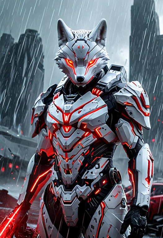 A Wolf Wearing Intricate White Heavy Futuristic Armor With R...