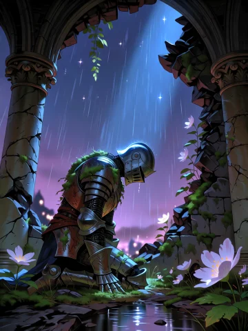 A Stone Knight Kneels In Prayer Inside A Collapsed Cathedral... — Stable Diffusion AI Prompt: A stone knight kneels in prayer inside a collapsed cathedral open to a violet ni...