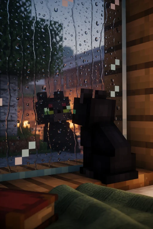 Black Minecraft Kitten Sitting On A Windowsill, Watching Rai...