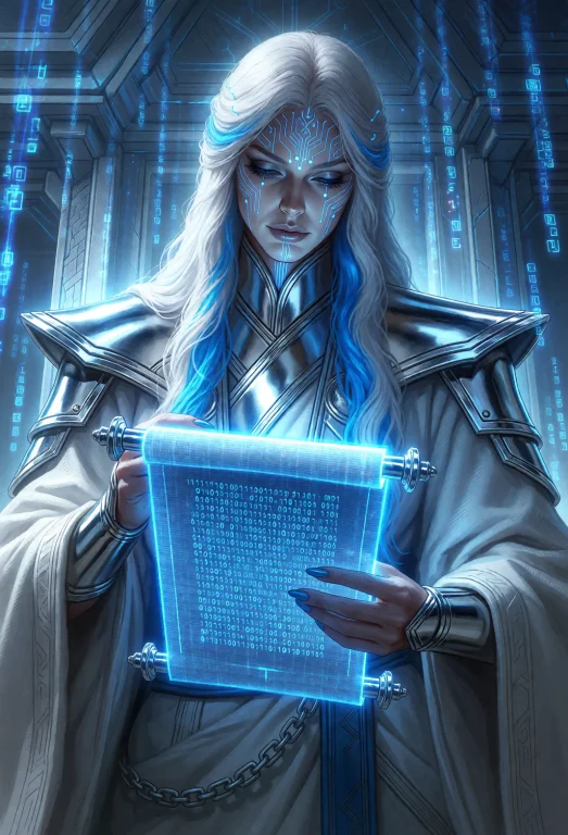 Cowboy Shot, A Serene Oracle With Pale Skin Marked With Circ...