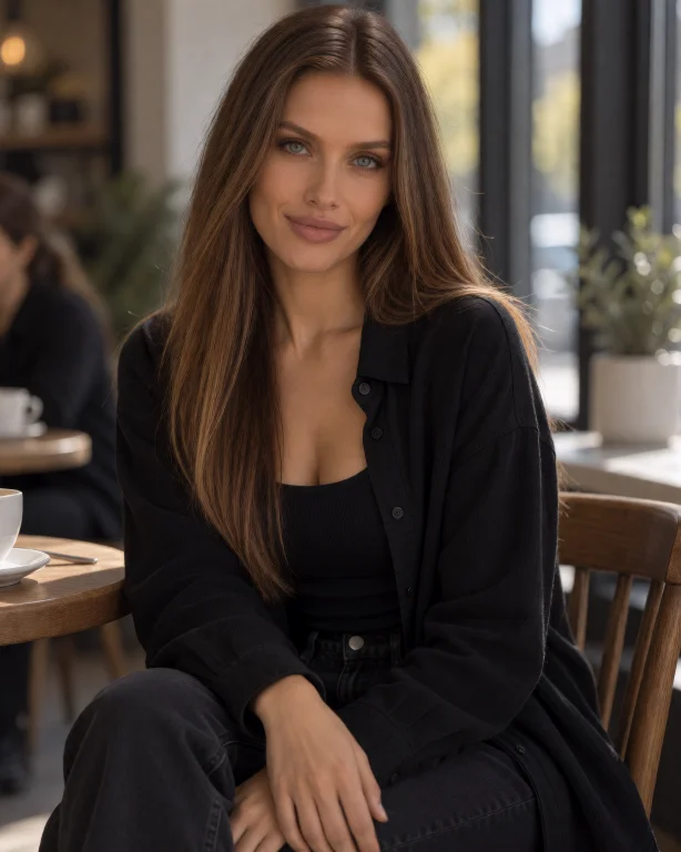 Photo Of Polina, Sitting At A Cafe, Wearing A Casual Black O...
