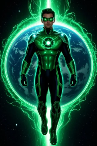 Green Lantern Floating In Space Above Earth, Emerald Ring Gl... — Stable Diffusion AI Prompt: Green Lantern floating in space above Earth, emerald ring glowing with energy, s...