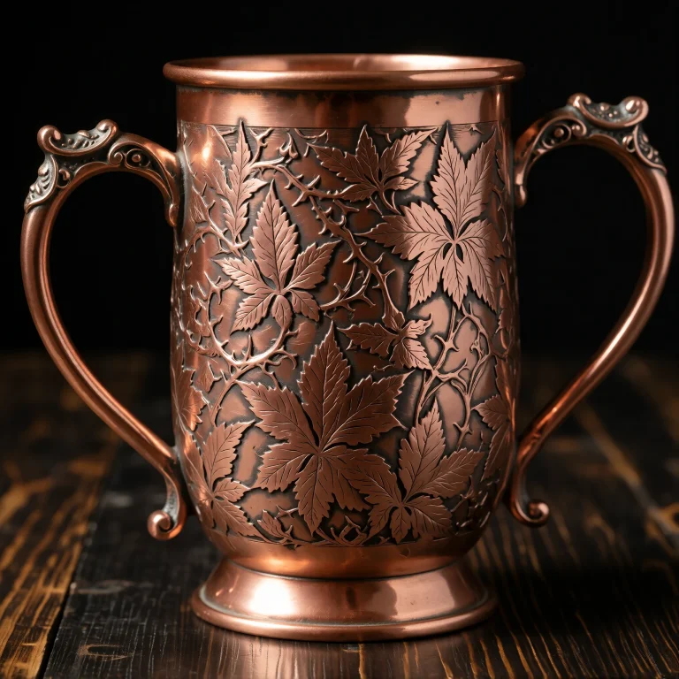 A Copper Mug With Intricate Leaf And Thorn Engravings, Featu...