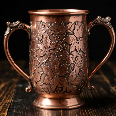 A Copper Mug With Intricate Leaf And Thorn Engravings, Featu... — Stable Diffusion AI Prompt: A copper mug with intricate leaf and thorn engravings, featuring two ornate hand...