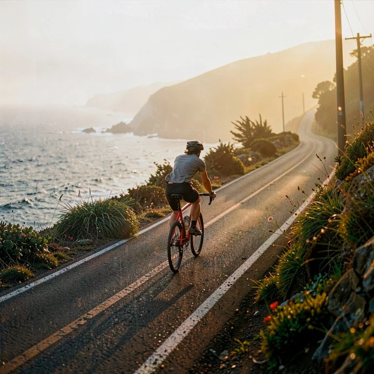 A Cyclist Coasting Down A Misty Coastal Road, Documentary Ph...