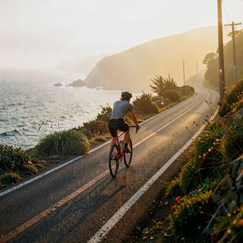 A Cyclist Coasting Down A Misty Coastal Road, Documentary Ph... — Stable Diffusion AI Prompt: a cyclist coasting down a misty coastal road, documentary photography, warm ambi...