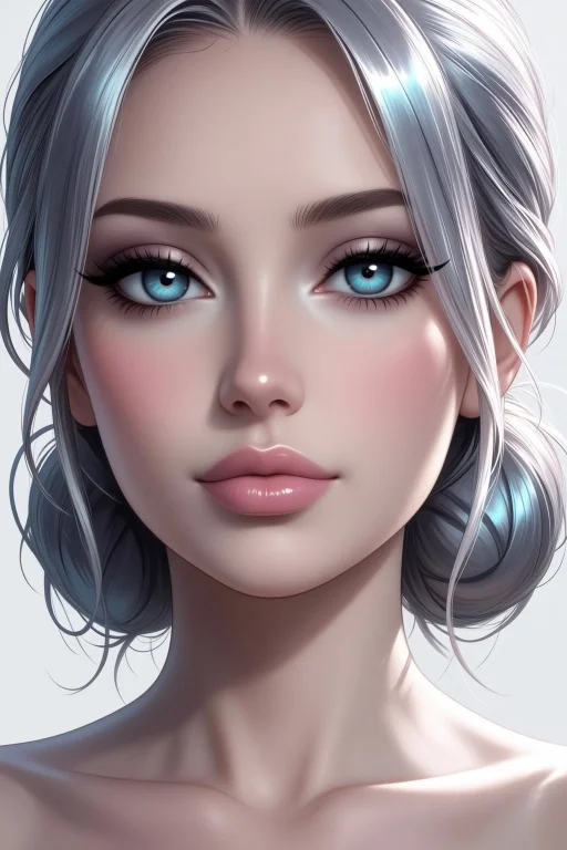 Woman Face Closeup, Low Bun, Silver Smoky Eye, Magnified Det...