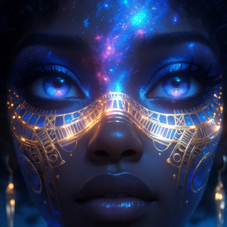 Close-up Ethereal Afro Goddess, Deep Blue Glowing Galaxy Eye...