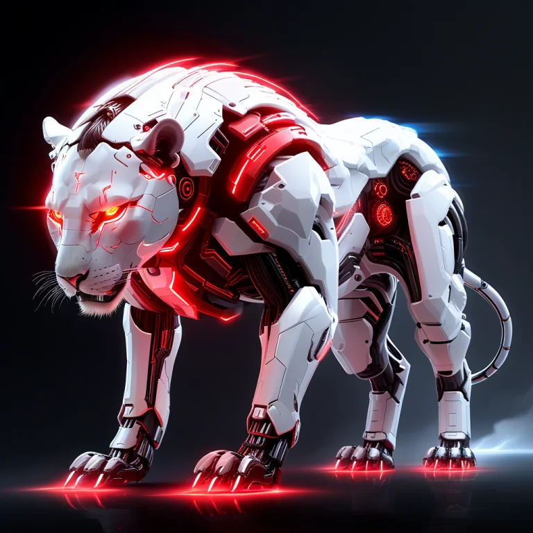 Whiteember Lion, Morphed Into Sleek, White, Red-glowing Tech...