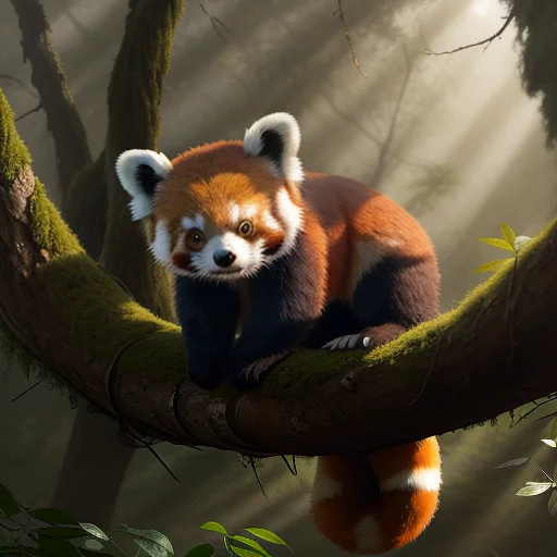 A Red Panda Curled In A Mossy Tree Fork, Concept Art, Golden...