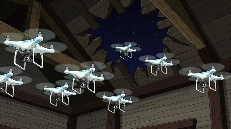 Ftrmssn8, A Swarm Of White, Multi-rotor Drones With Blue Acc...