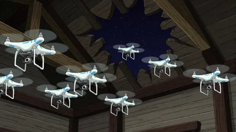 Ftrmssn8, A Swarm Of White, Multi-rotor Drones With Blue Acc... — Stable Diffusion AI Prompt: ftrmssn8, A swarm of white, multi-rotor drones with blue accents hovers near a l...
