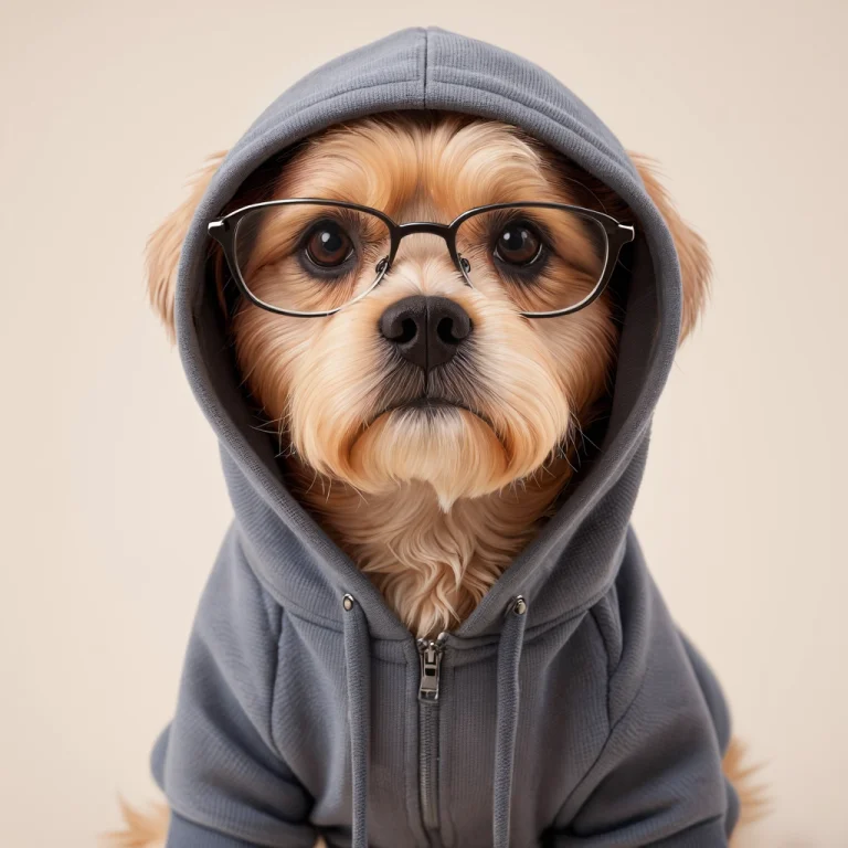 A Stylish Dog In A Hoodie With The Hood Up And Glasses, Star...