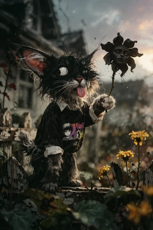 A Whimsical Cinematic Portrait Of A Scruffy, Emo Black Cat W...