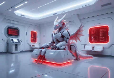 Whiteember, An Enormous Futuristic Dragon Sitting Patiently... — SDXL AI Prompt: WhiteEmber, an enormous futuristic dragon sitting patiently in a sterile white s...
