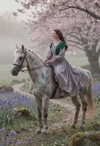 A Woman In Her Late Thirties Is Mounted On A Horse, Captured... — Stable Diffusion AI Prompt: A woman in her late thirties is mounted on a horse, captured in a medium-long sh...