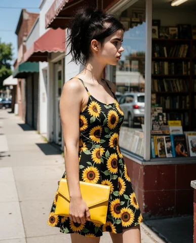 Rlyfarrah Woman Wearing A Black 90s Skater Dress With A Deta... — Stable Diffusion AI Prompt: rlyfarrah woman wearing a black 90s skater dress with a detailed sunflower all-o...