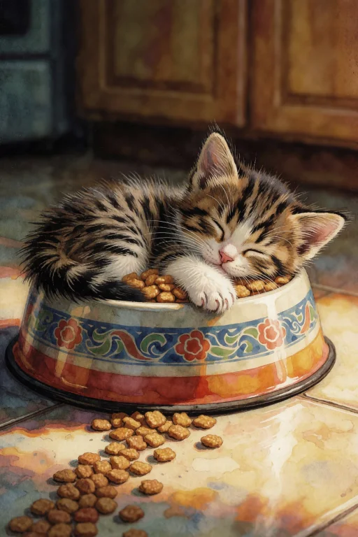 Tiny Kitten Fast Asleep Curled Up Inside A Food Bowl, Its He...