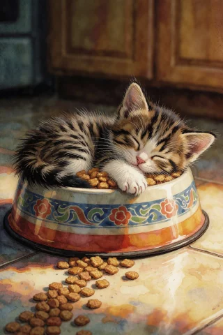 Tiny Kitten Fast Asleep Curled Up Inside A Food Bowl, Its He... — Stable Diffusion AI Prompt: tiny kitten fast asleep curled up inside a food bowl, its head resting on the ri...